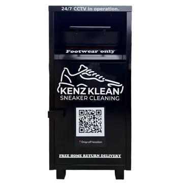 A black KENZ KLEAN drop-off box with a QR code on the front